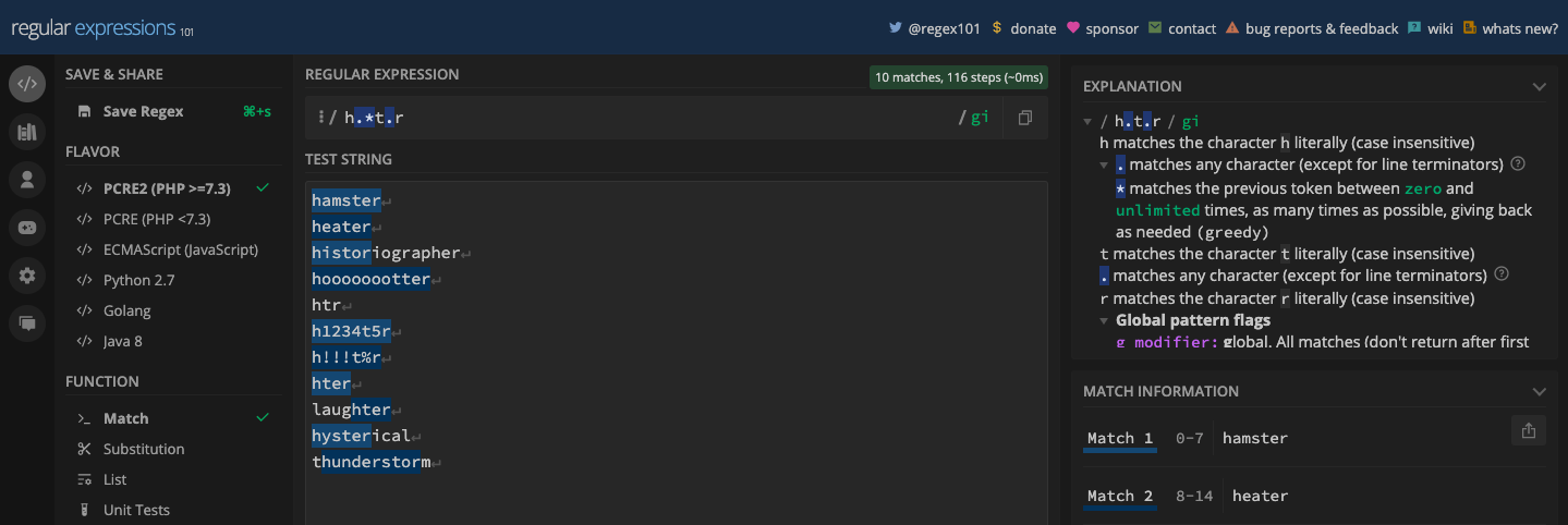 Different matches from the regex 'h.*t.r'