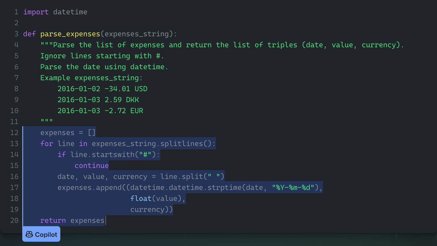 An example of GitHub Copilot's autocomplete given a function name with docstring