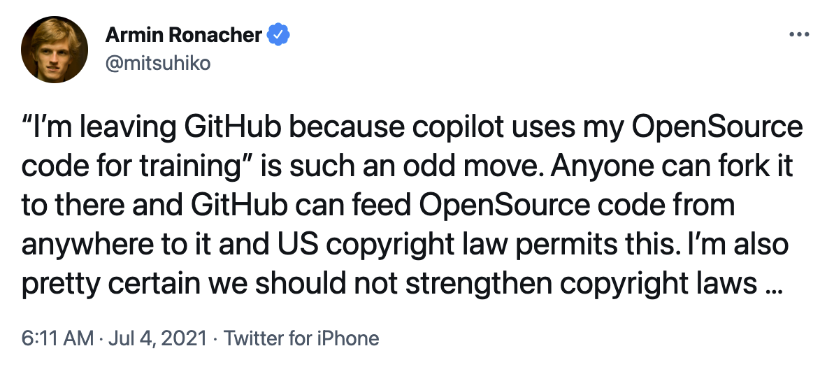 A user's unimpressed Twitter post due to the potential copyright violation of this synthesis tool